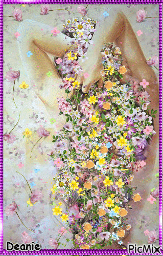Art Work: Back Image of Lady Washing her hair in flowers - Gratis animeret GIF