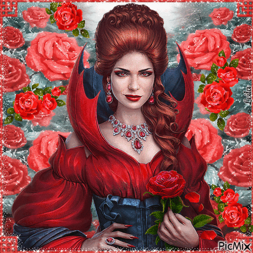 Lady in red. Lady witch. Rose garden - Animovaný GIF zadarmo