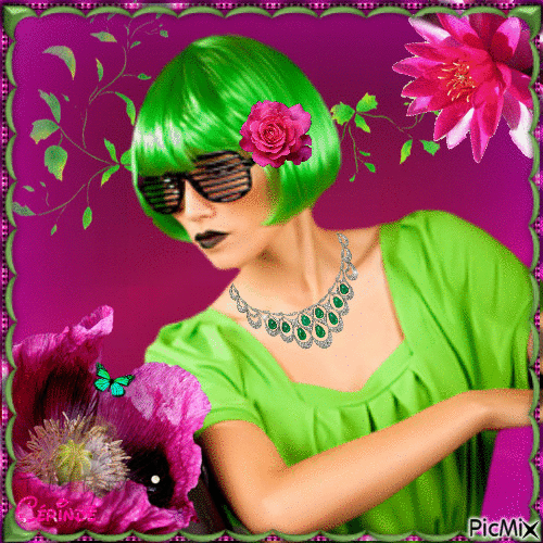 Portrait de femme en vert et fushia - Gratis animerad GIF