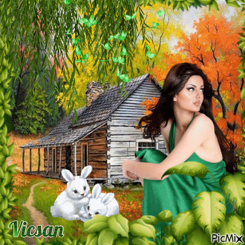 Mujer y conejos en tonos verdes - Безплатен анимиран GIF