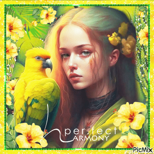 Summer woman parrot fantasy green yellow - GIF animate gratis