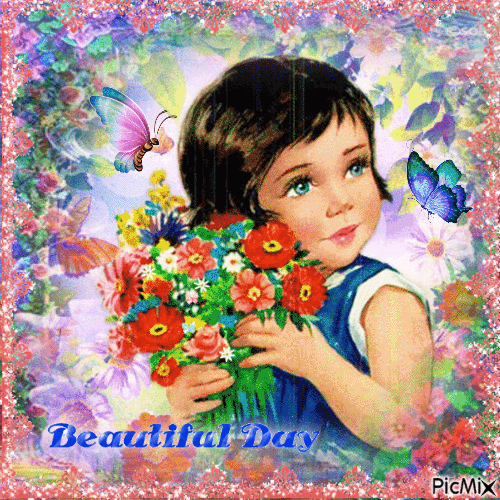 Little Girl with Flowers - Gratis geanimeerde GIF