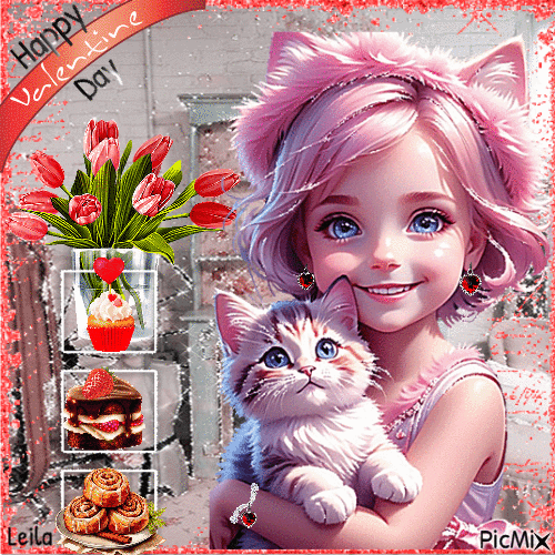Happy Valentine Day. Girl, cat, cakes, flowers - GIF animé gratuit