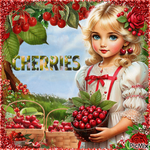 Portrait of a girl with cherries - Free animated GIF