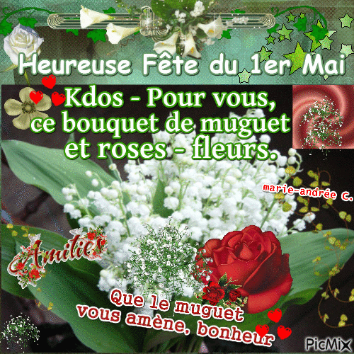 Muguet,roses - Fleurs - Kdos . Heureuse Fête du 1er Mai . - Gratis animeret GIF