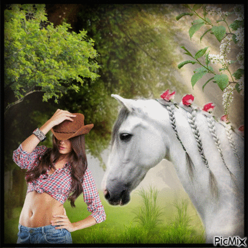 Chica con su caballo - GIF animé gratuit