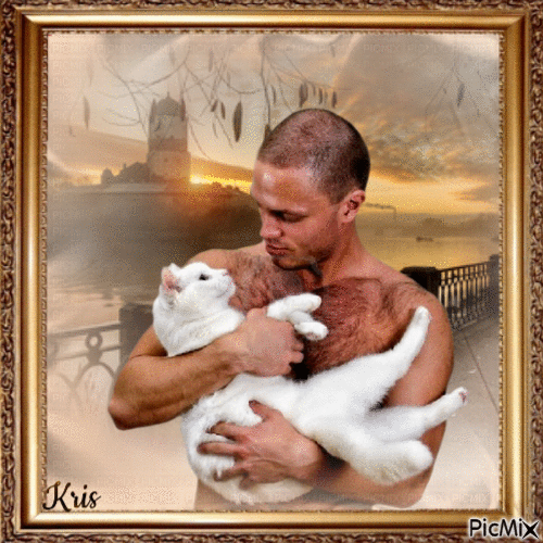 Le jeune homme et son chat - Free animated GIF