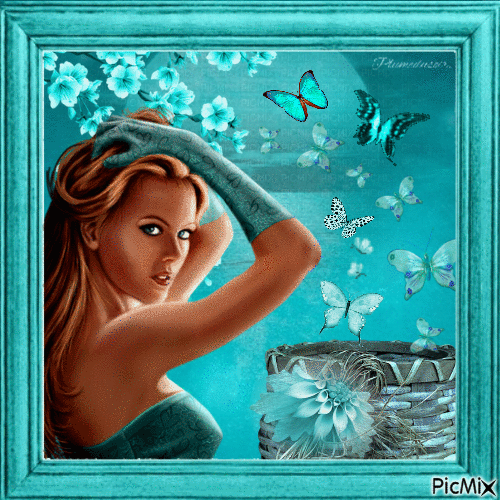Fille et papillons turquoises. - Free animated GIF