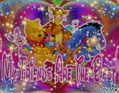 eeyore, piglet, tigger and pooh, say my friends are the best, picture lightens and darkens, blue stars in the corners, and a lot of gold stars. - Gratis animerad GIF
