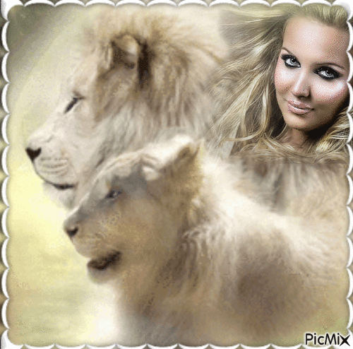 Portrait de Femme et Lions Blancs - Gratis geanimeerde GIF