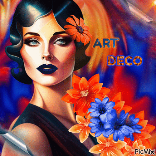Mujer art déco en azul y naranja - GIF animate gratis
