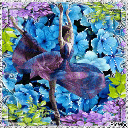 Ballerina with lilac and blue flowers - Free animated GIF