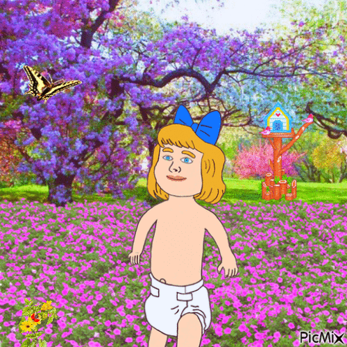 Baby in flowery garden - Безплатен анимиран GIF