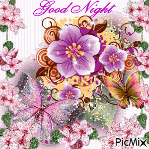 GOOG NIGHT WITH PINK SPARKLING FLOWERS, AND BEAUTIFUL BUTTERFLIES. - Free animated GIF
