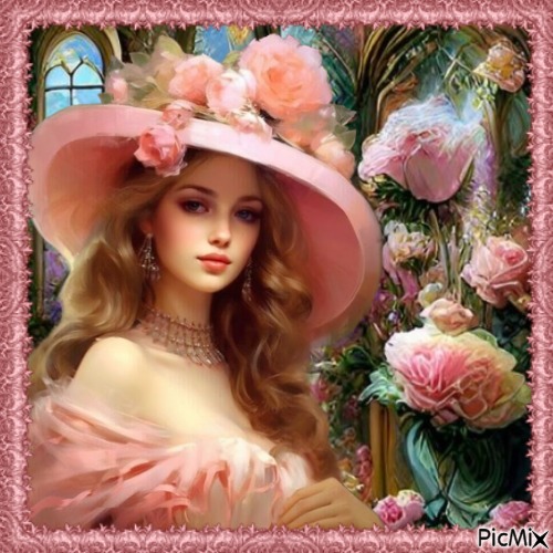 Portrait de femme avec des roses rose - png ฟรี