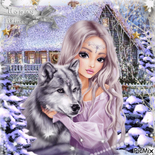 Girl with her wolf in winter - GIF animado grátis
