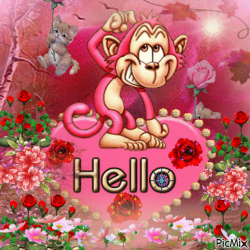 A PINK MONKEY SAYING HELLO. RED ROSES ARE SPARKLING. AND ROSES AND OTHER FLOWERS ARE BLOWING IN THE WIND. 2 KITTENS ARE FALLING WITH A ROSE. - Ücretsiz animasyonlu GIF