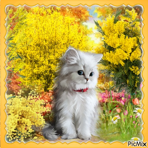 Weiße Katze in den Mimosen - фрее пнг