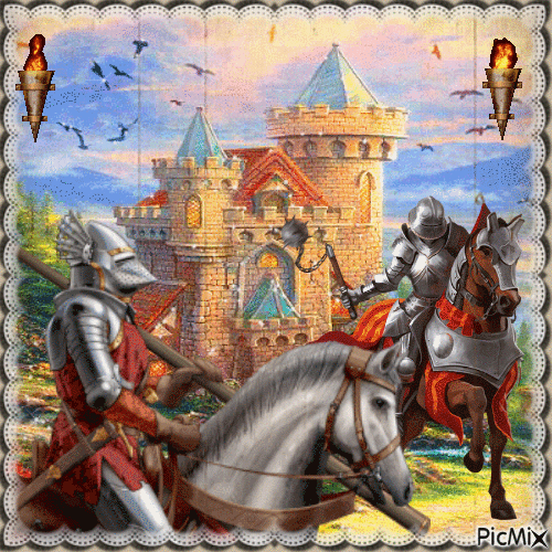 The knights in front of the castle - GIF animado gratis