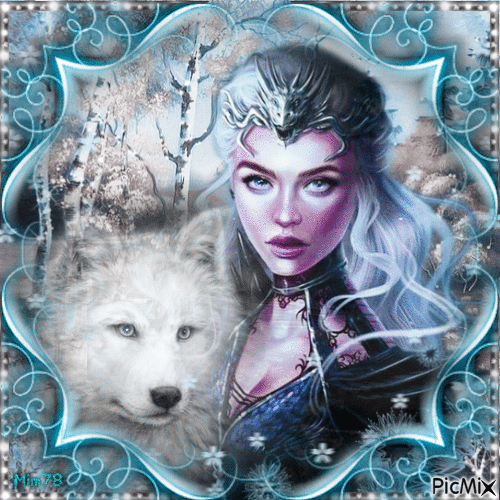 femme et loup blanc - GIF animé gratuit