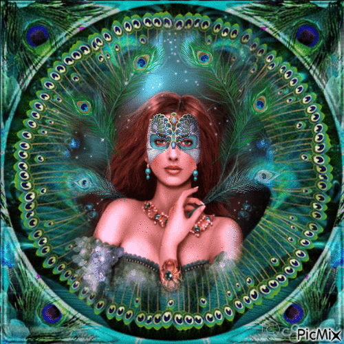 woman with peacock feathers - Free animated GIF