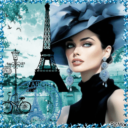 blue background,paris, vintage, woman - GIF animado grátis