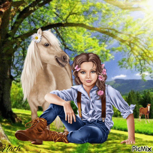 Une fillette avec une cheval blanc - GIF animé gratuit