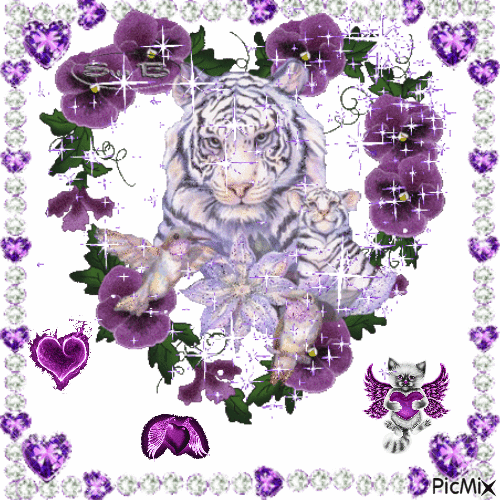Purple tiger with hearts - Free animated GIF