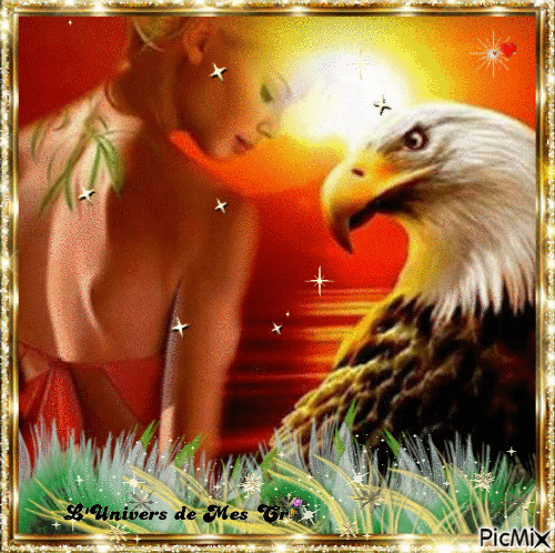 femme et aigle - Nemokamas animacinis gif
