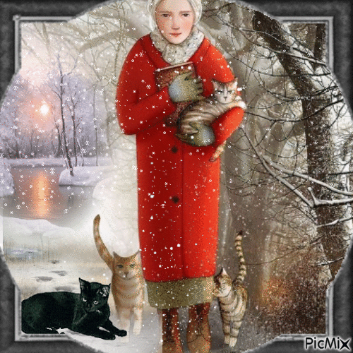 mujer en invierno con sus gatos - GIF animé gratuit