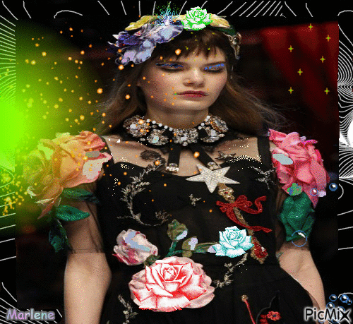 Portrait Girl Flowers Fashion Colors Deco Glitter Glamour - GIF animé gratuit