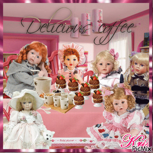 Tea time with dolls - Free animated GIF