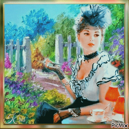 Femme dans un jardin - Vintage - GIF animé gratuit