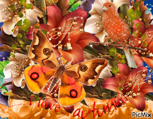 I LOVE AUTUMN INRED,AN ORANGE BIRD, AN ORANGE BUTTERFLY ORANGE AND WHITE FLOWERS, THERE ARE SOME SPARKLES, AND AN ORANGE HEART. - Free animated GIF