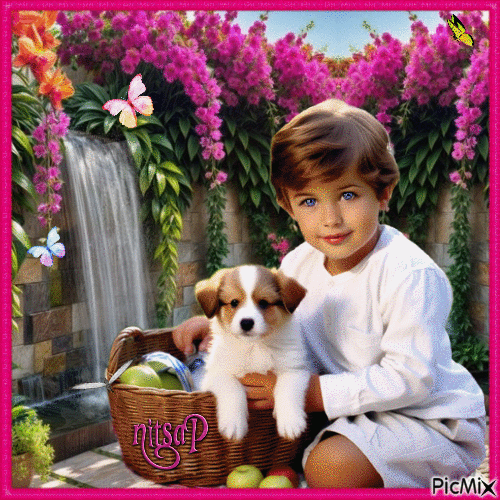 Child in spring with a dog - GIF animé gratuit