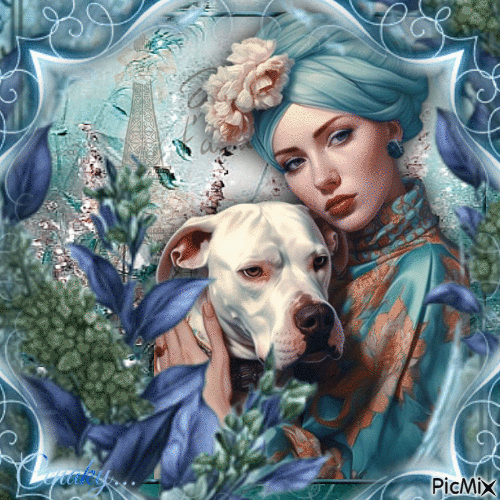Femme avec un chapeau et son chien, tons bleus - Kostenlose animierte GIFs