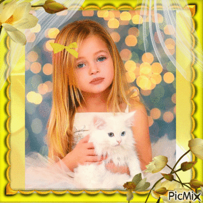 girl with white cat - GIF animate gratis