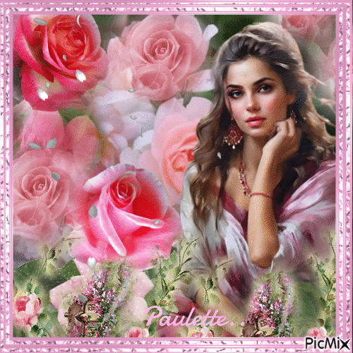 belle femme parmi les roses - Δωρεάν κινούμενο GIF