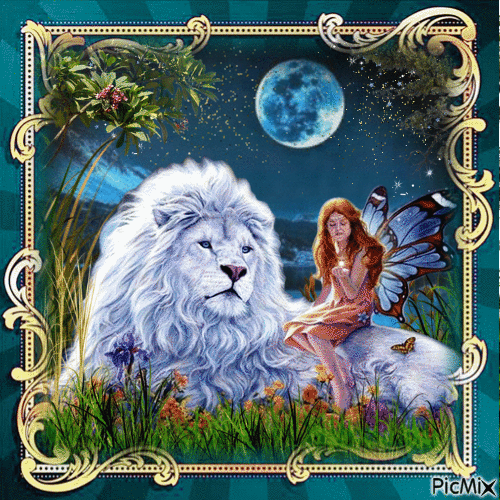Frau mit ihrem Löwen im Mondlicht - Free animated GIF