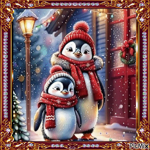 Winterabend bei Pinguins - Animovaný GIF zadarmo
