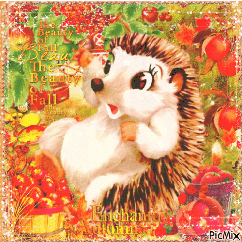 Hedgehog and apples in autumn - Free animated GIF