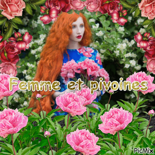 Femme et pivoines - Бесплатный анимированный гифка