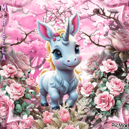 Contest!La petite licorne avec des roses - Free animated GIF