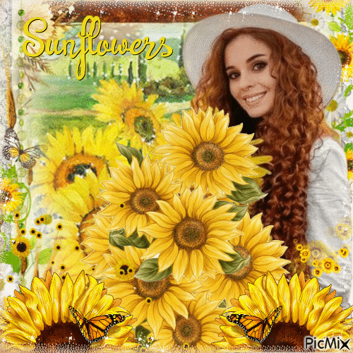 Woman with sunflowers - Free animated GIF