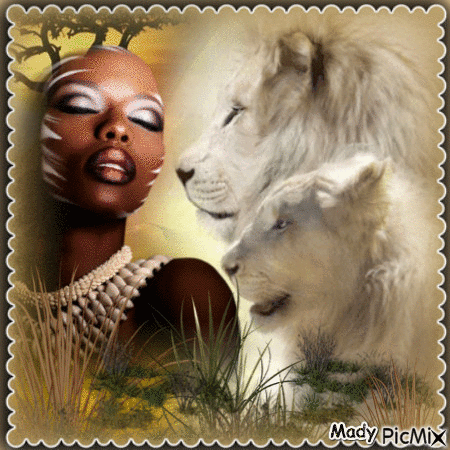 La femme afro et le lion - 無料のアニメーション GIF