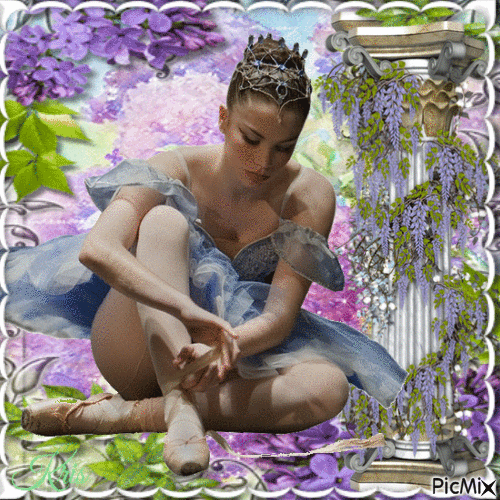 Ballerine avec des fleurs lilas et bleues - GIF animado grátis