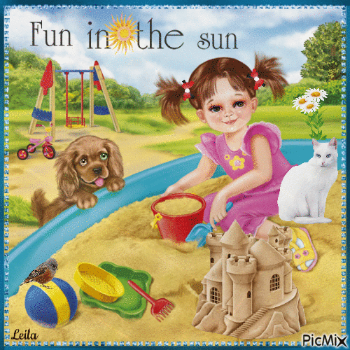 Fun in the sun. Girl, cat, dog, sandbox - 無料のアニメーション GIF