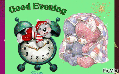 A BEAR ON A CLOCK SAYING GOOD EVENING, 2 LITTLE BEATS UNDER A BLANKET AND STARS, GLITTER EVERY WHERE - Gratis animeret GIF