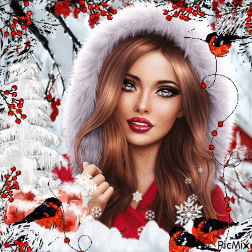 Portrait femme et oiseaux hiver / rouge et blanc - GIF animé gratuit