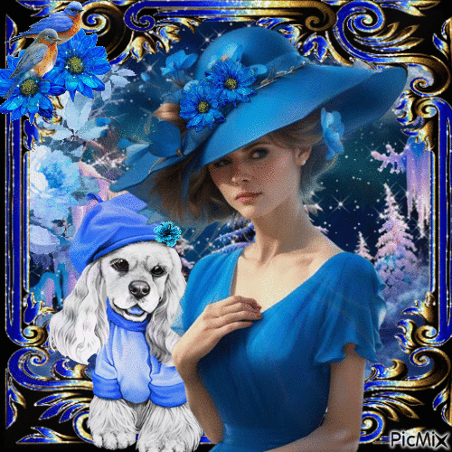 Una mujer con sombrero y su perro en tonos azules. - Бесплатни анимирани ГИФ